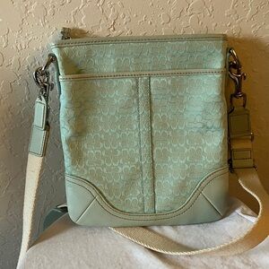 Coach: Mint Green Jacquard Swingback Crossbody Bag- F01584- Silver Tone- wear